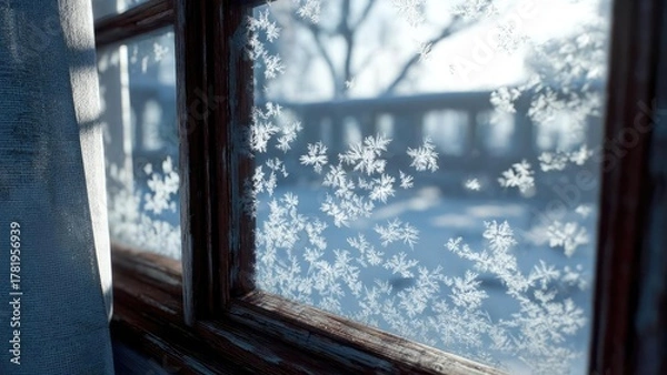Obraz Intricate frost crystals on a window pane with a snowy, blurred winter scene beyond. Concept Frost crystals, Frosted window, Snowy blur, Winter morning light, Cold glass textures