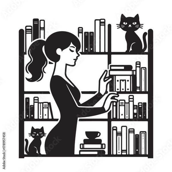 Obraz Woman in Library with Cats and Books.