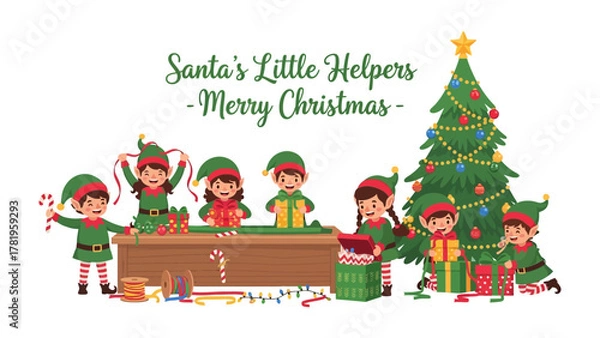 Obraz Santa's Little Helpers: Joyful elves prepare gifts for Christmas, embracing the festive spirit amidst the warm glow of the season.