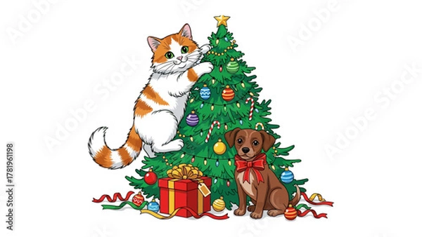 Obraz Festive Companions: A charming illustration depicts a playful kitten and a loyal puppy, surrounded by festive decorations, sharing in the joy of the holiday season.
