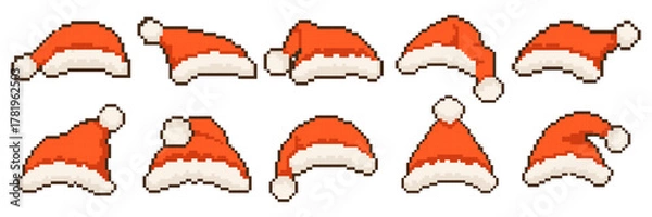Fototapeta Pixel Santa hat red Christmas game icon vector set. Retro computer 8 bit pixel art holiday Santa Claus costume elements