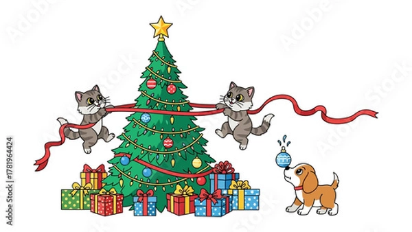 Obraz Christmas Cheer with Playful Companions: Amidst the festive glow of a Christmas tree, mischievous kittens playfully decorate with a ribbon, while a spirited puppy chases a festive bauble.