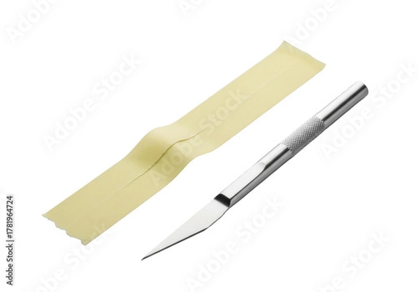 Fototapeta A light yellow masking tape strip with torn edges, angled 45 degrees, beside a sleek silver craft knife, on a seamless transparent background, close-up studio concept of minimalist precision