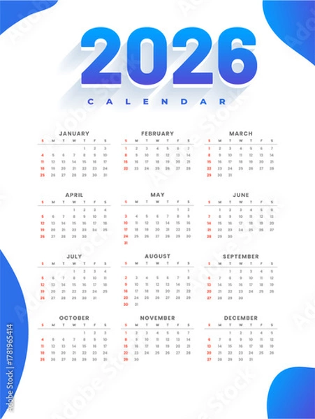 Obraz Simple 2026 yearly calendar layout in white blue color