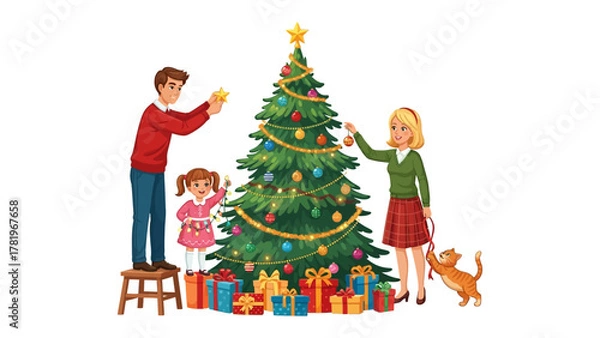 Fototapeta Christmas Tree Decoration: A happy family gathered around a beautifully decorated Christmas tree, adding ornaments and spreading the joy and anticipation of the holiday season. 