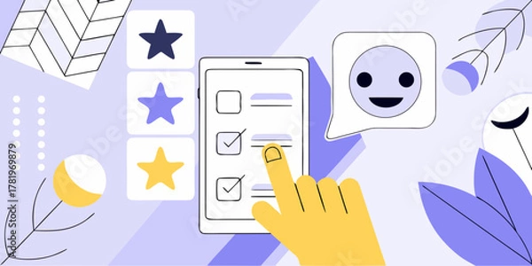 Fototapeta Customer feedback and rating system with a hand interacting with a checklist on a mobile device