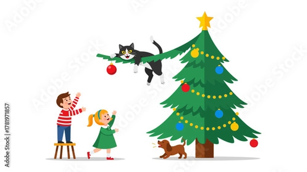 Obraz Cat-tastrophe: A comical scene unfolds as a playful cat disrupts the holiday cheer, perched atop a decorated Christmas tree. Two children and a playful dog below observe the chaos. 