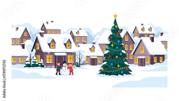 Obraz Winter Wonderland Village: Capturing the holiday spirit, a charming illustration showcases a snow-covered village adorned with festive lights and a towering Christmas tree.