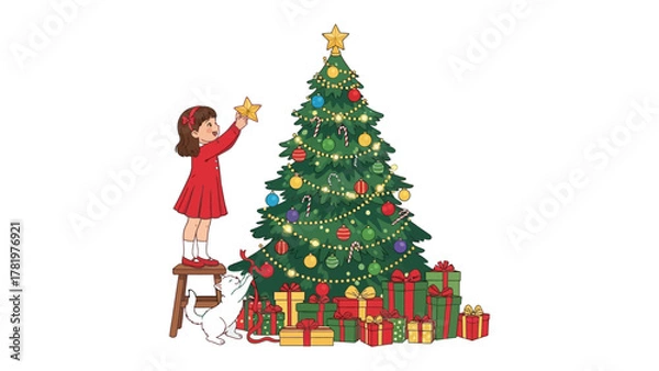 Obraz Decorating Christmas tree: A young girl, perched on a stool, adorns the Christmas tree with a star, while a playful cat observes the holiday enchantment.