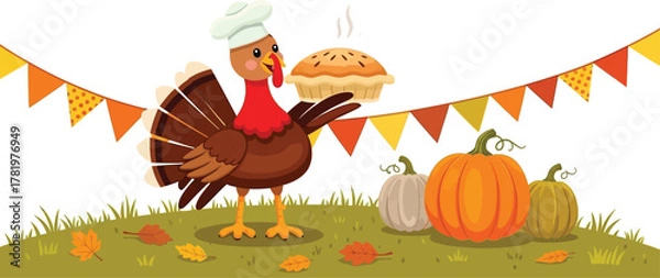 Obraz Joyful turkey chef presents delicious pie with pumpkins and festive bunting, celebrating Thanksgiving autumn abundance