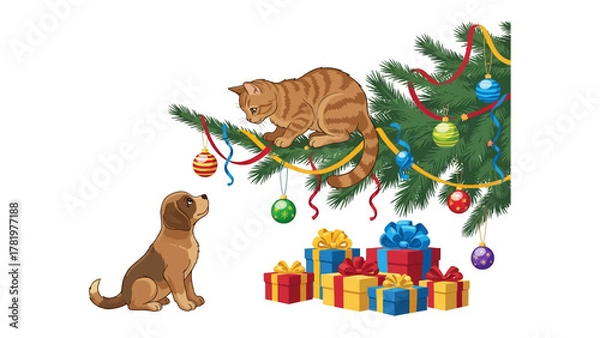 Fototapeta Festive Friends: A curious puppy gazes up at a playful cat perched on a decorated tree, surrounded by wrapped gifts, evoking the spirit of holiday cheer and camaraderie.