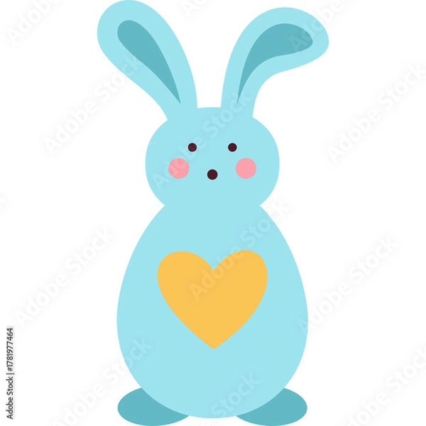 Fototapeta Cute blue Easter bunny with yellow heart on chest and rosy cheeks standing with transparent background
