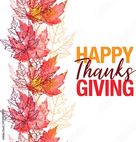 Fototapeta Celebrate gratitude and harvest with vibrant autumn leaves and warm "Happy Thanksgiving" text for festive greetings and seasonal decor