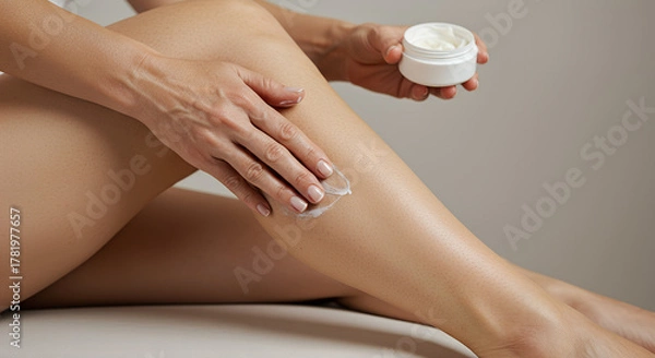 Obraz Woman applying moisturizing cream on smooth legs. Skincare and body care routine concept with soft natural light in spa or home environment, symbolizing beauty, health, and softness.