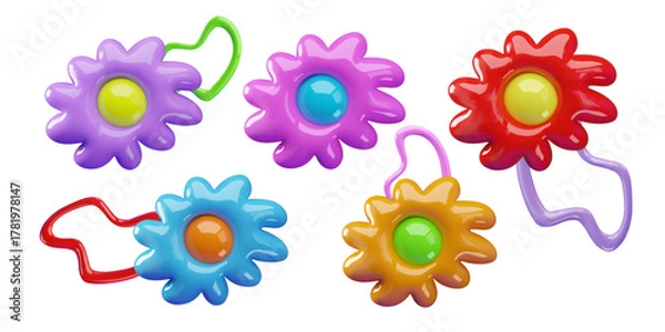 Fototapeta Bright 3D vector illustration of colorful glossy flowers with flexible plastic loops. Cartoon toy style floral elements in different colors,spring or summer themed graphics.