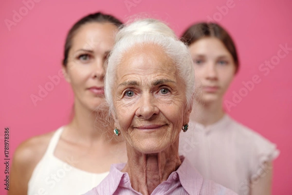 Fototapeta Portrait of senior Caucasian woman standing in front with middle aged Caucasian woman and teenage Caucasian girl in background, all looking directly at camera against pink backdrop