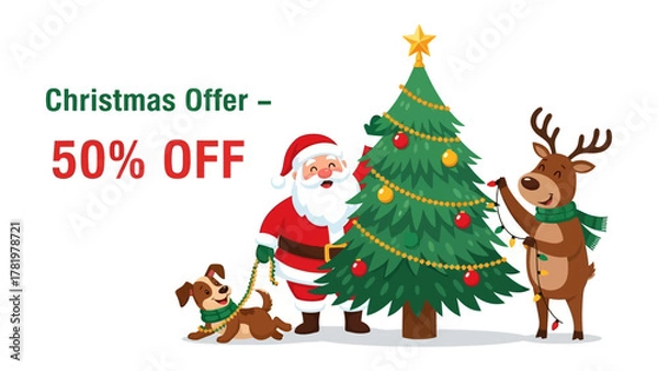 Obraz Christmas Offer - 50% Off: Festive illustration featuring Santa Claus, a cheerful reindeer, a decorated christmas tree, and a playful dog. conveying holiday spirit with a generous discount.