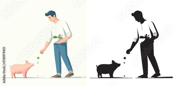 Fototapeta Vector set and shilhouttes image of a man feeding a pig on a white background
