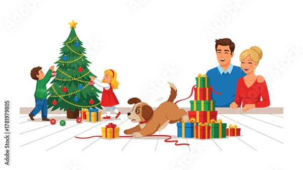 Fototapeta Christmas Cheer: A heartwarming scene unfolds as a family prepares for the festive season, decorating a Christmas tree with joyous anticipation, a playful dog adds to the merriment.