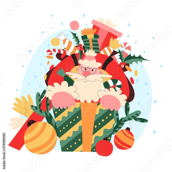 Obraz Flat style vector illustration of a cute Santa Claus with a bag of gifts and candies on his back.