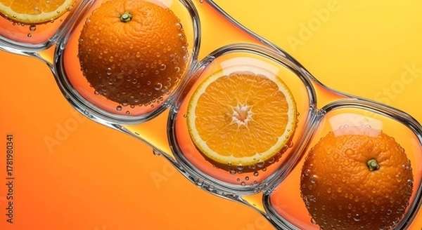 Fototapeta Oranges and slices submerged in liquid with bubbles