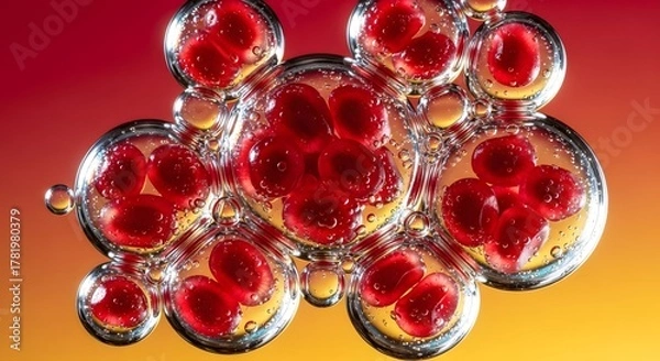 Fototapeta Abstract cluster of red berries suspended in clear liquid bubbles