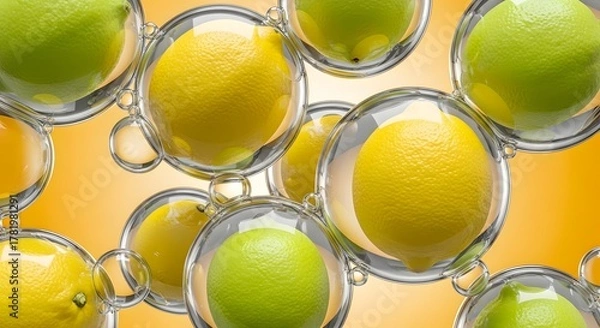 Fototapeta Lemons and limes submerged in water with bubbles