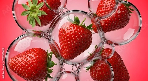 Fototapeta Ripe strawberries inside clear bubbles on red background