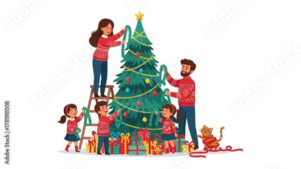 Obraz Holiday Cheer: A family collaborates in decorating their christmas tree together, filled with colorful ornaments and wrapped presents, evoking feelings of togetherness, love, and anticipation.