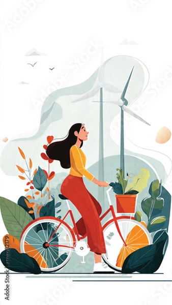 Obraz Woman cycling through nature with a wind turbine in the background, representing sustainable living and eco-friendly transportation