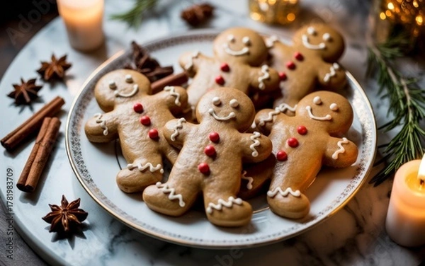 Fototapeta Gingerbread Man cookies presented on plate. Gingerbread Cookies decorated with frosting, icing. Christmas cookie.	
