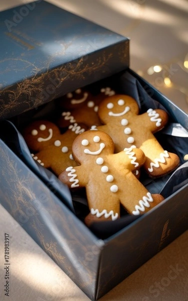 Fototapeta Gingerbread Man cookies presented in gift box display. Gingerbread Cookies decorated with frosting, icing. Christmas cookie.	