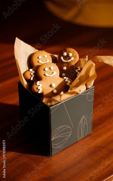Fototapeta Gingerbread Man cookies presented in gift box display. Gingerbread Cookies decorated with frosting, icing. Christmas cookie.	