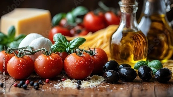 Fototapeta Rustic Italian Ingredients, Tomato Garlic Basil Combination, Material for Cooking Ingredients and Catering Scenes