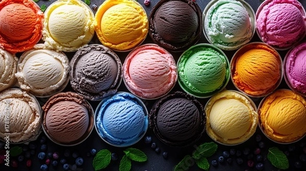 Obraz Vibrant Colorful Ice Cream Display, Multi-Flavor Stack with Fruit Decoration, Popular Material for Summer Dessert and Food Beverage Advertising