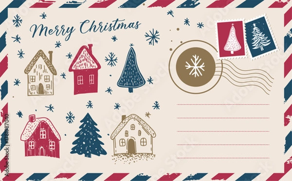 Fototapeta Christmas mail with houses and tree, postcard, hand drawn illustration.	
