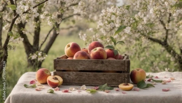 Fototapeta Wooden crate overflowing with ripe peaches on a draped table; blossoms in background