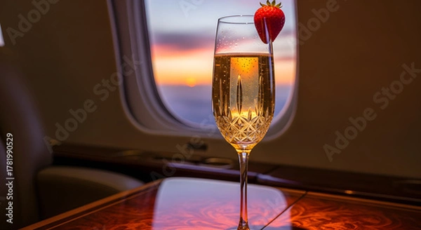 Obraz Celebrate success with a glass of champagne on a private jet enjoying the sunset views, perfect for luxury travel and exclusive lifestyle concepts