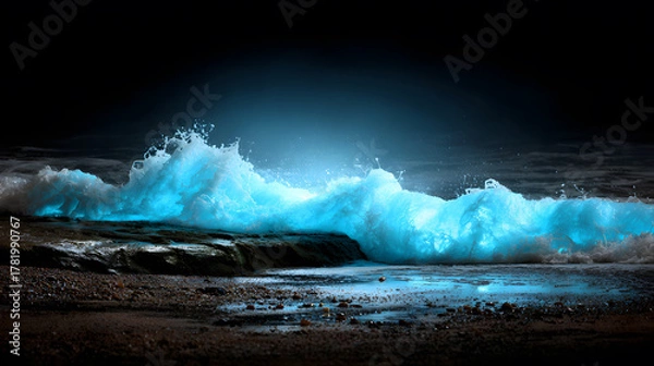 Obraz Glowing wave crashing on a sandy shore at night, with mesmerizing water