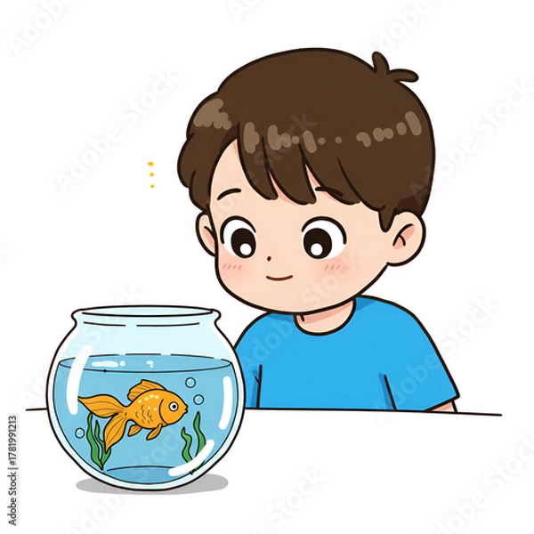 Obraz Boy looking at goldfish in bowl illustration