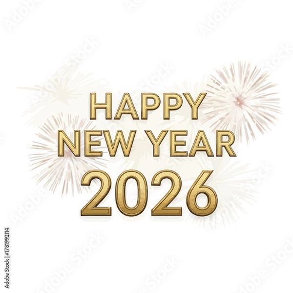 Fototapeta “Happy New Year 2026” in shiny gold font with elegant firework bursts and glitter lines, simple traceable design for adult theme.