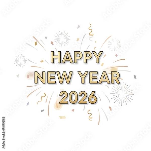 Fototapeta “Happy New Year 2026” in shiny gold font with elegant firework bursts and glitter lines, simple traceable design for adult theme.