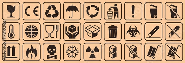 Obraz Cardboard packaging icon set. Package sign labels. Common packaging, warning symbol set.