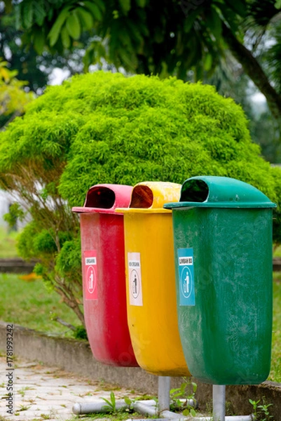 Fototapeta Outdoor garbage sorting bin in public park
