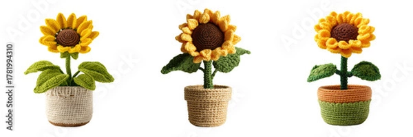 Obraz Set of A knitted doll designed as a cheerful sunflower growing from a small pot on transparent png background. Ai generated