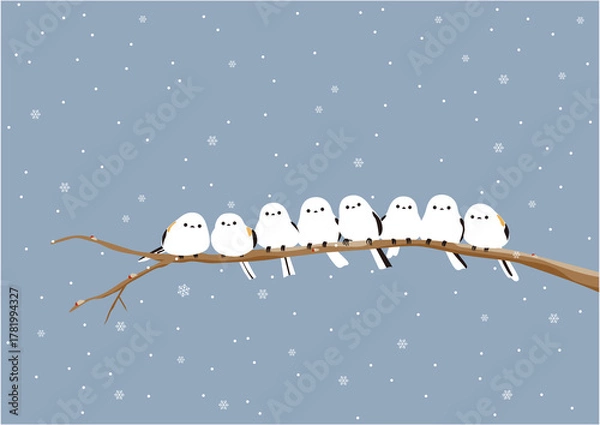 Obraz 雪が降る中、枝に止まっている沢山のかわいいシマエナガ