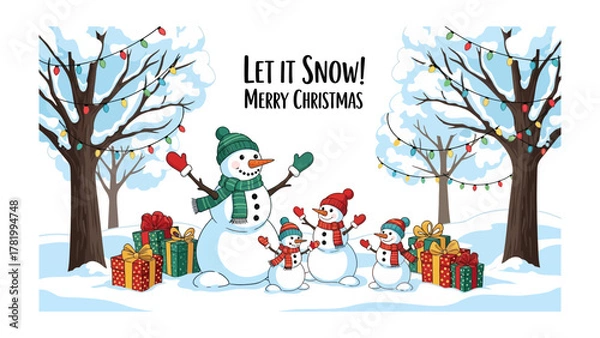 Fototapeta Festive Snow Family: A heartwarming illustration of a snowman family joyfully surrounded by gifts and festive lights, nestled in a snowy winter wonderland, sharing the warmth of Christmas joy.