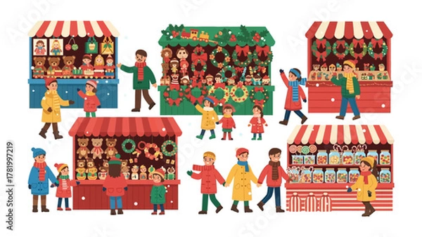 Fototapeta Holiday Market Stalls: A vibrant holiday market scene bustling with families, showcasing an array of festive products and holiday cheer. capturing the essence of the holiday spirit.