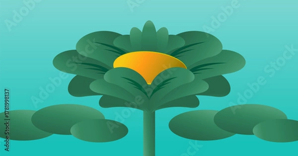 Fototapeta Abstract tropical flower vector with green layered leaves and a yellow center, perfect for nature themes, branding, or modern graphic design projects.