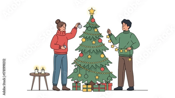 Fototapeta Festive Decorating: A couple working together to decorate a Christmas tree, with cheerful spirits and the anticipation of festive joy in the air.